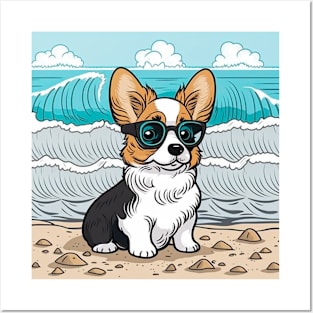 Cute corgi puppy on the sea beach Posters and Art